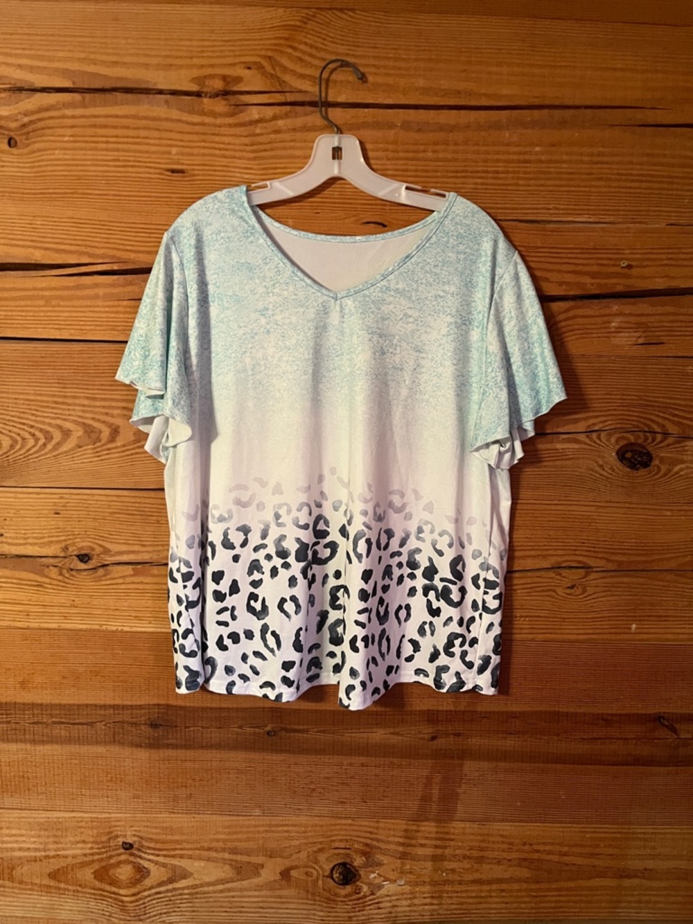 Amazon Mint Ombre Leopard Flutter Sleeve V-Neck Top